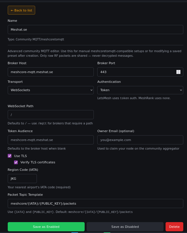 RemoteTerm-inställningar för Meshat.se:s MeshCore MQTT-broker